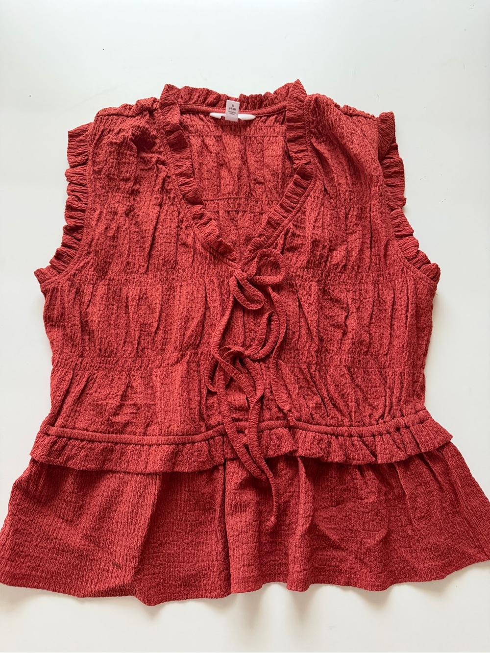 Time and Tru Coral Red Ruffled Tie-Front Sleeveless Blouse
